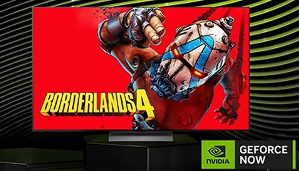 Telewizor wyświetla grafikę z gry \'Borderlands 4\' z postacią w masce na czerwonym tle. W prawym dolnym rogu widoczne jest logo NVIDIA z napisem \'GEFORCE NOW\'.