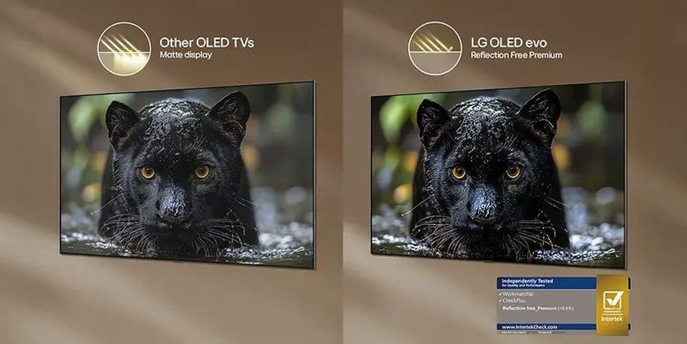 Obraz przedstawia dwa telewizory z wyświetlonym wizerunkiem czarnej pantery. Po lewej stronie napis \'Other OLED TVs Matte display\', a po prawej \'LG OLED evo Reflection Free Premium\' z dodatkowym certyfikatem Intertek.