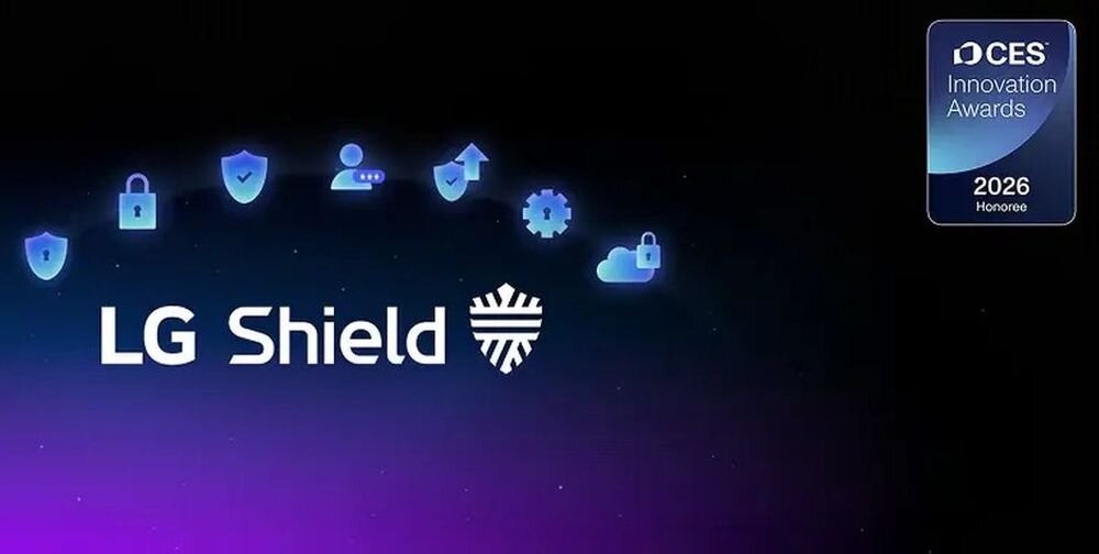 Grafika przedstawia napis \'LG Shield\' z ikoną tarczy obok, na tle gradientu od fioletu do czerni. W prawym górnym rogu znajduje się logo \'CES Innovation Awards 2026 Honoree\'.