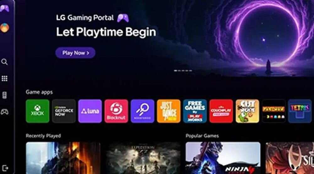 Ekran z interfejsem LG Gaming Portal z napisem \'Let Playtime Begin\' i przyciskiem \'Play Now\'. Widoczne są ikony różnych aplikacji do gier, takich jak Xbox, GeForce Now, Luna, Blacknut i inne.
