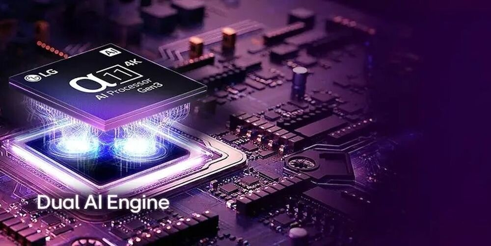 Obraz przedstawia procesor z napisem \'α9 4K AI Processor Gen3\' na płytce drukowanej, z efektem świetlnym wokół niego. Widoczny jest również napis \'Dual AI Engine\'.