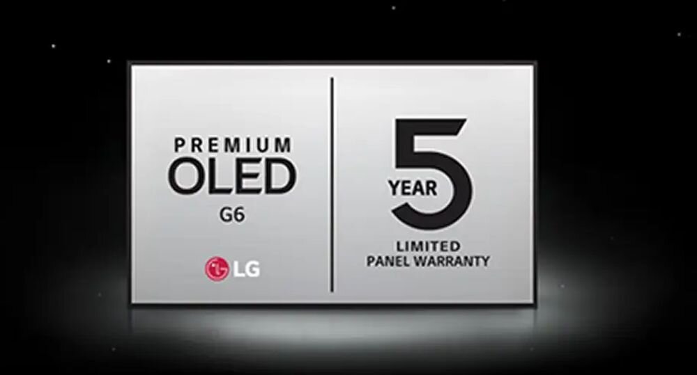 Obraz przedstawia srebrną tabliczkę z napisem \'PREMIUM OLED G6\' oraz logo LG po lewej stronie. Po prawej stronie widnieje napis \'5 YEAR LIMITED PANEL WARRANTY\'.
