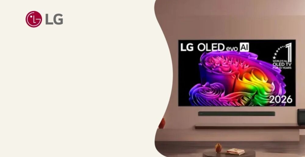 Obraz przedstawia telewizor z kolorowym, abstrakcyjnym wzorem na ekranie oraz tekstem \'LG OLED evo AI\' i \'2026\'. Po lewej stronie widoczne jest logo LG.