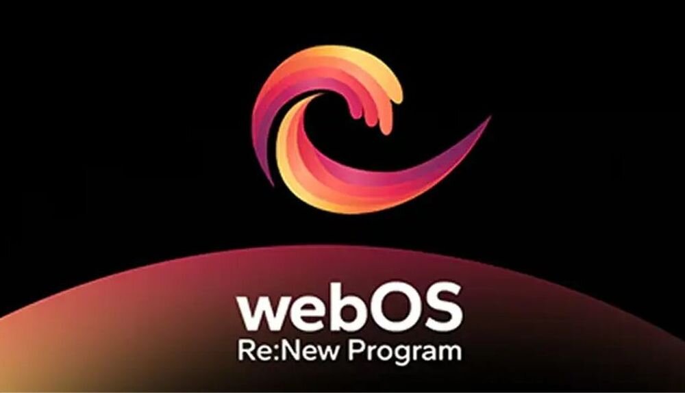 Na czarnym tle widoczny jest kolorowy, zakrzywiony symbol oraz tekst \'webOS Re:New Program\'.