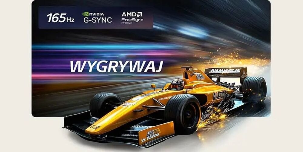 Obraz przedstawia pomarańczowy bolid wyścigowy na tle dynamicznych, kolorowych smug. Widoczny tekst to \'165 Hz\', \'NVIDIA G-SYNC\', \'AMD FreeSync Premium\' oraz \'WYGRYWAJ\'.