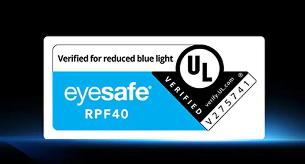 Certyfikat z napisem \'Verified for reduced blue light\', \'eyesafe RPF40\' oraz logo \'UL VERIFIED\' z numerem \'V275741\'.