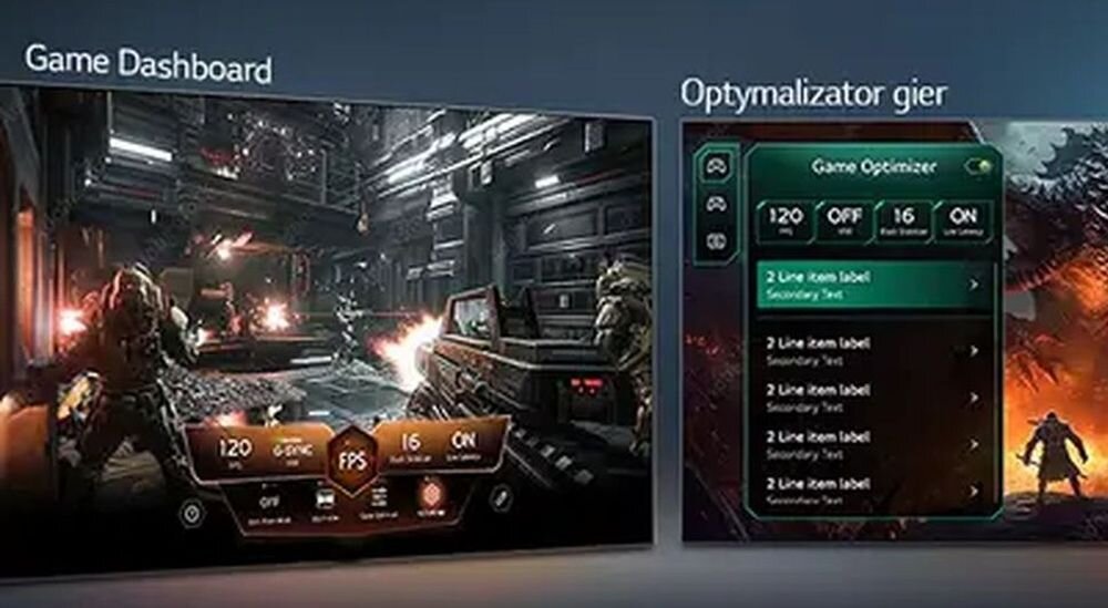 Obraz przedstawia dwa ekrany z gry wideo. Po lewej stronie widoczny jest interfejs z informacjami o FPS i ustawieniach, a po prawej ekran z napisem \'Optymalizator gier\' i listą opcji.