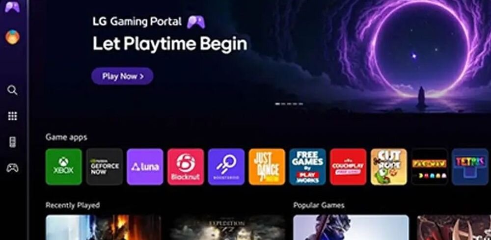 Interfejs LG Gaming Portal z napisem \'Let Playtime Begin\' i przyciskiem \'Play Now\'. Widoczne są ikony aplikacji do gier, takie jak Xbox, GeForce Now, Luna, Blacknut, Just Dance, oraz inne.