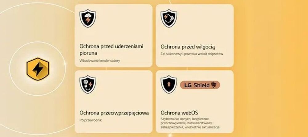 Grafika przedstawia cztery ikony tarcz z napisami: \'Ochrona przed uderzeniami pioruna\', \'Ochrona przed wilgocią\', \'Ochrona przeciwprzepięciowa\', \'Ochrona webOS\'. Obok znajduje się logo z symbolem błyskawicy.
