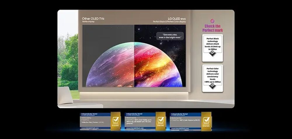 Obraz przedstawia porównanie jakości obrazu na ekranie telewizora LG OLED evo z innymi telewizorami OLED. Po prawej stronie widoczne są trzy ikony z tekstem: \'Perfect Black technology delivers perfect black\', \'Perfect Color technology delivers perfect color\', \'Perfect Viewing technology delivers perfect viewing\'.