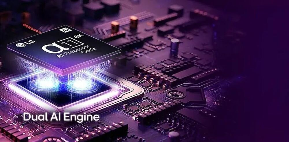 Obraz przedstawia procesor na płycie głównej z widocznym napisem \'LG α7 4K AI Processor Gen3\'. W dolnej części obrazu znajduje się tekst \'Dual AI Engine\'.