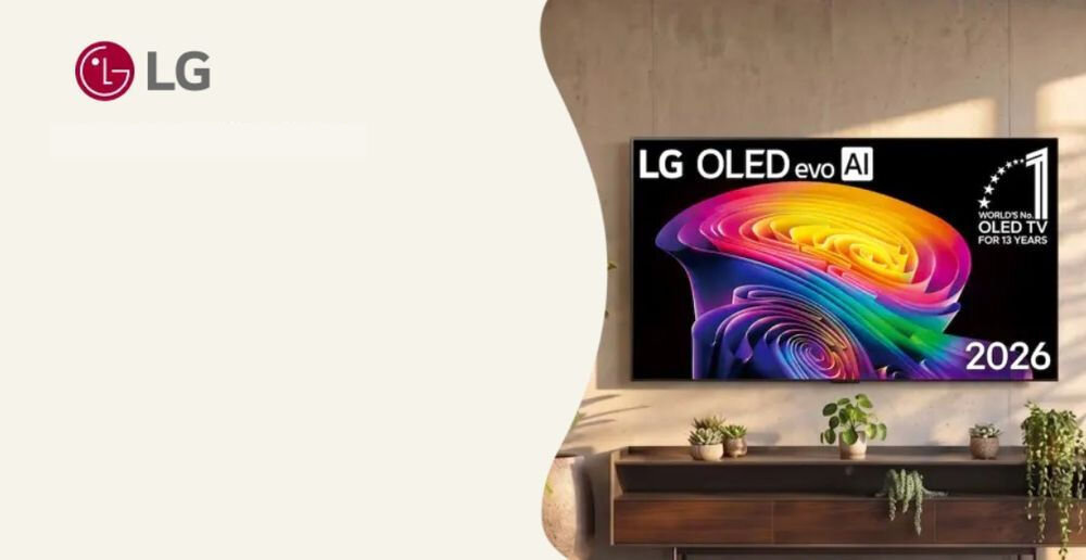 Na ścianie wisi telewizor z kolorowym, abstrakcyjnym obrazem i napisami \'LG OLED evo AI\' oraz \'2026\'. Obok telewizora znajduje się logo LG na jasnym tle.