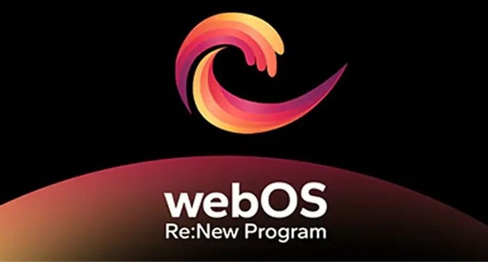 Na czarnym tle widoczne jest kolorowe logo w kształcie fali oraz tekst \'webOS Re:New Program\'.
