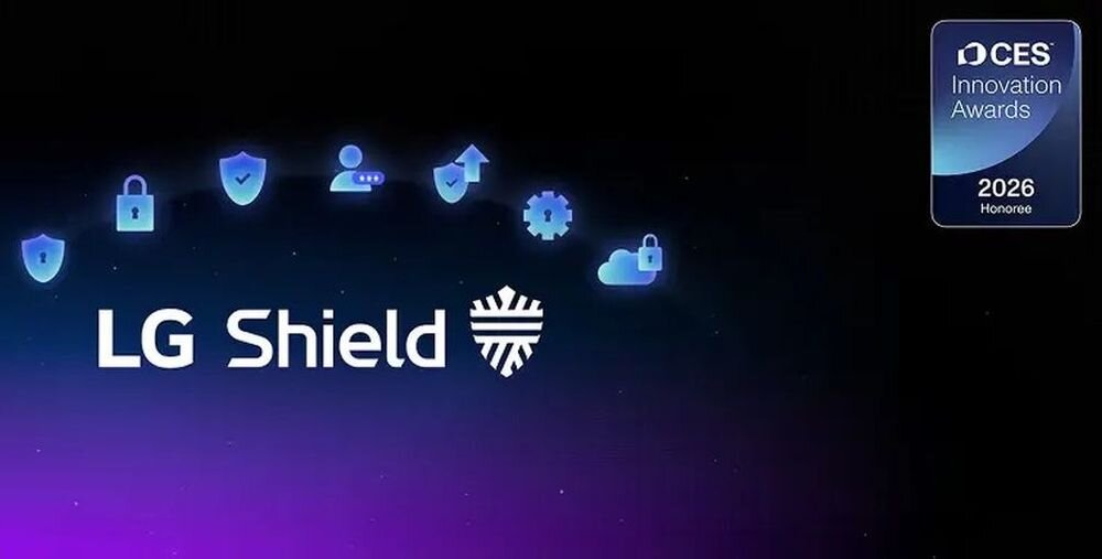 LG OLED55C6ELB LG Shield bezpieczeństwo danych OLED TV, logo lg shield na ciemnym tle