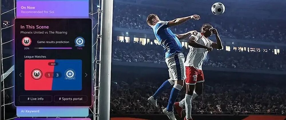 LG OLED55C6ELB AI sport analiza prognozy OLED TV, piłkarze grający w piłkę na stadionie