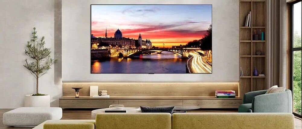 LG OLED77C6ELB ultrasmukły design OLED TV, telewizor zawieszony na ścianie w pomieszczeniu