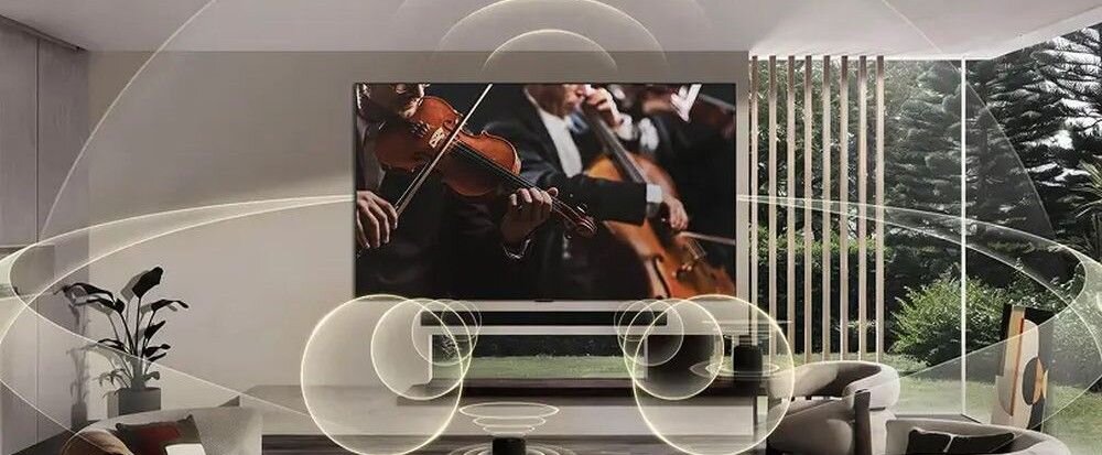 LG OLED77C6ELB WOW Orchestra soundbar OLED dźwięk, telewizor wiszący na ścianie w pomieszczeniu