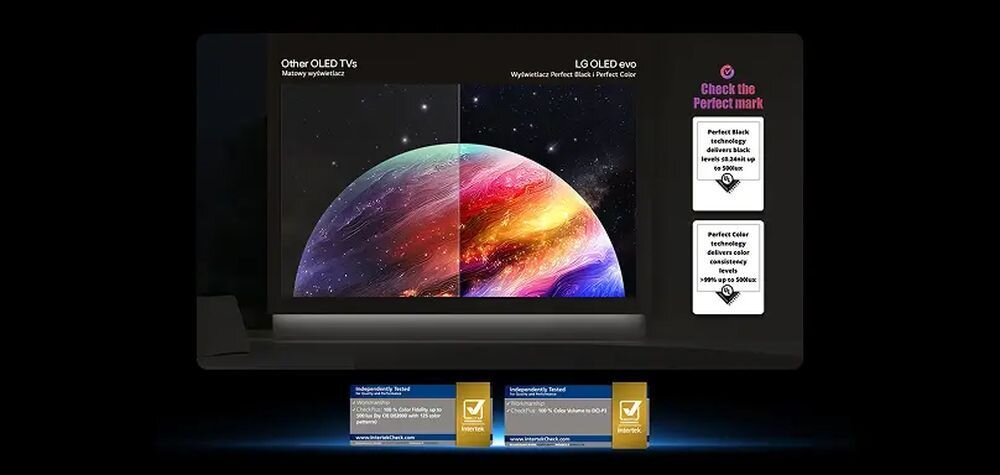 Obraz przedstawia ekran telewizora z porównaniem jakości obrazu między \'Other OLED TVs\' a \'LG OLED evo\', z wyraźnie lepszymi kolorami i kontrastem po stronie LG. Na ekranie widoczny jest kolorowy kosmos, a poniżej znajdują się dwa certyfikaty jakości z tekstem \'media expert\'.