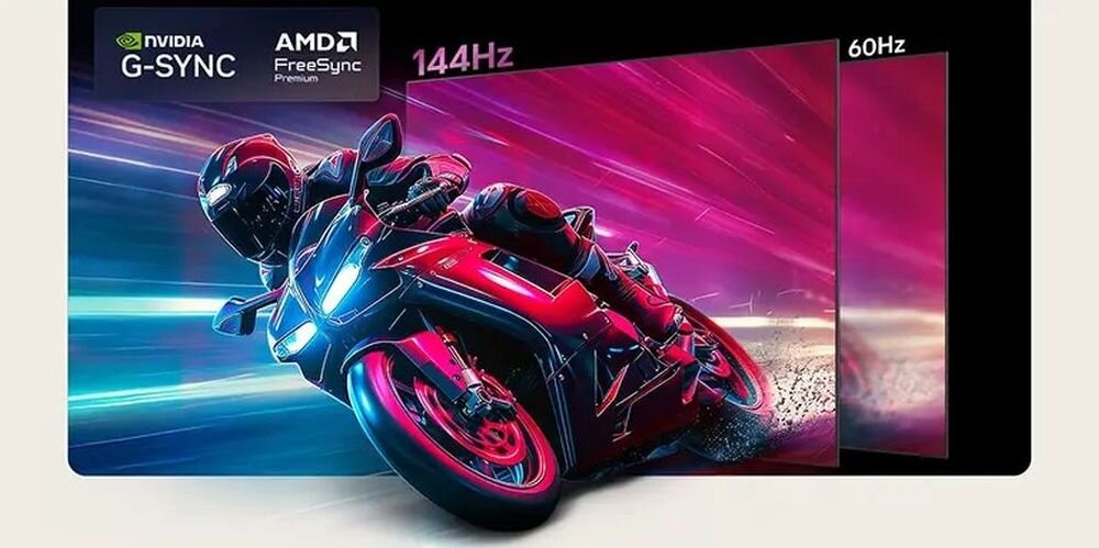 Obraz przedstawia motocyklistę na czerwonym motocyklu na tle dynamicznych, kolorowych smug. W lewym górnym rogu widoczne są loga NVIDIA G-SYNC i AMD FreeSync Premium oraz napisy \'144Hz\' i \'60Hz\'.