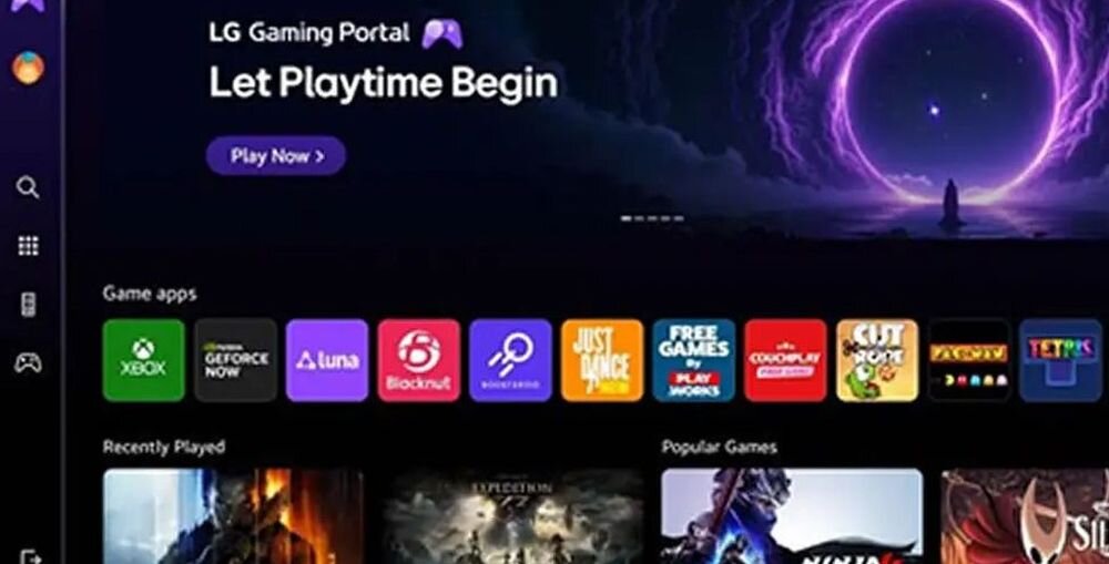 Ekran z interfejsem LG Gaming Portal z napisem \'Let Playtime Begin\' oraz przyciskiem \'Play Now\'. Widoczne są ikony aplikacji do gier, takie jak Xbox, GeForce Now, Luna, Blacknut, Just Dance, i inne.