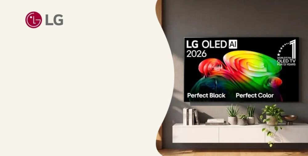 Na obrazie widoczny jest telewizor z kolorowym wyświetlaczem i napisami: \'LG OLED AI 2026\', \'Perfect Black\', \'Perfect Color\'. Obok telewizora znajduje się logo LG na jasnym tle.