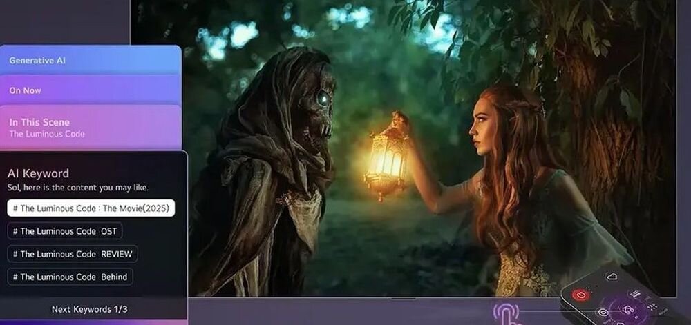 Na ekranie telewizora wyświetlana jest scena z filmu, gdzie postać trzyma lampion naprzeciw innej postaci w lesie. Po lewej stronie ekranu widoczne są opcje menu z tekstem: \'Generative AI\', \'On Now\', \'In This Scene: The Luminous Code\', oraz lista \'AI Keyword\' z pozycjami takimi jak \'The Luminous Code: The Movie (2025)\'.