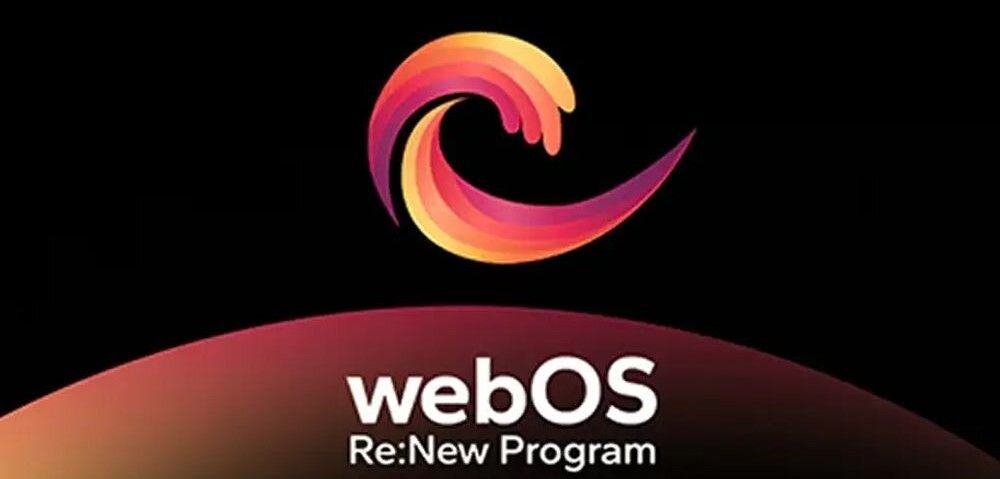 Na czarnym tle widoczne jest kolorowe logo w kształcie wiru oraz tekst \'webOS Re:New Program\'.