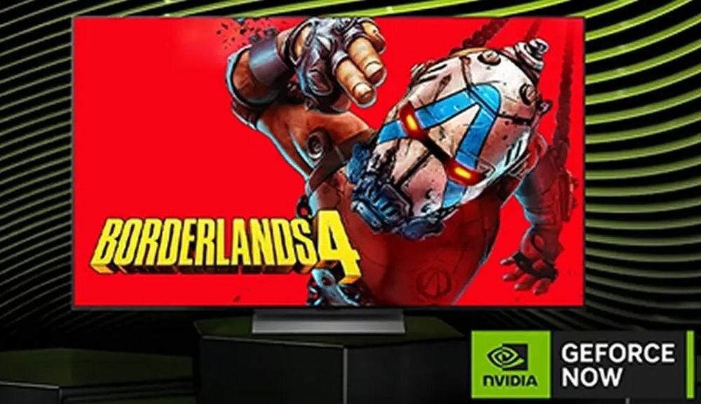 Telewizor wyświetla grafikę z gry \'Borderlands 4\', przedstawiającą postać w masce na czerwonym tle. W prawym dolnym rogu widoczne jest logo NVIDIA z napisem \'GEFORCE NOW\'.