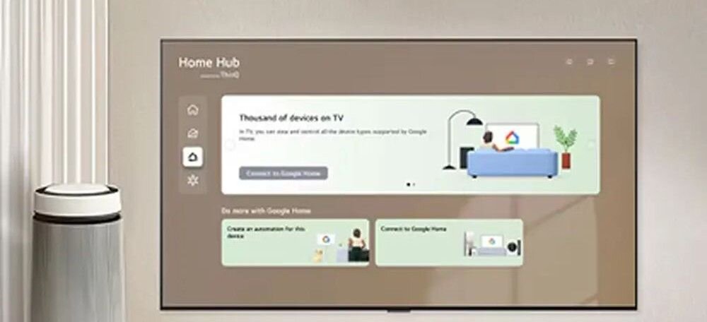 Na ekranie telewizora wyświetlony jest interfejs \'Home Hub\' z opcjami zarządzania urządzeniami. Widoczny jest tekst: \'Thousand of devices on TV\' oraz przycisk \'Connect to Google Home\'.
