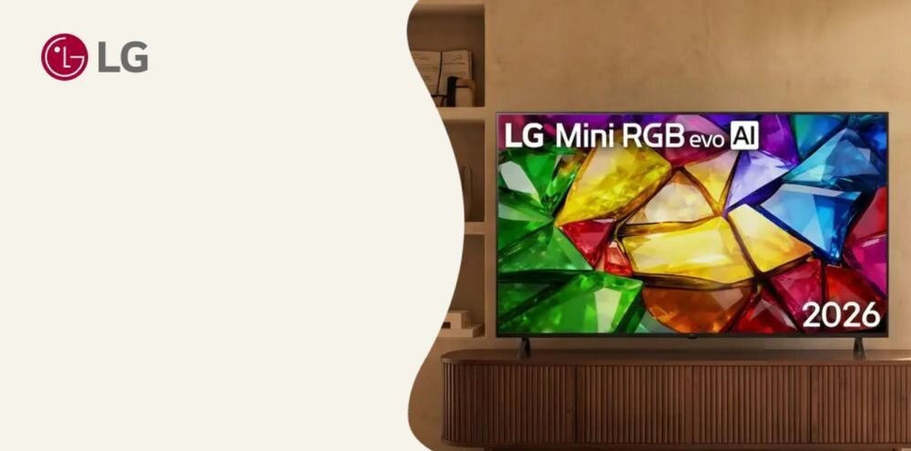 LG 55MRGB86B6A telewizor 75 cali 4K AI obraz RGB Primary Color Pro Mini RGB evo 100% DCI-P3 Adobe RGB, telewizor stojący na komodzie w pomieszczeniu