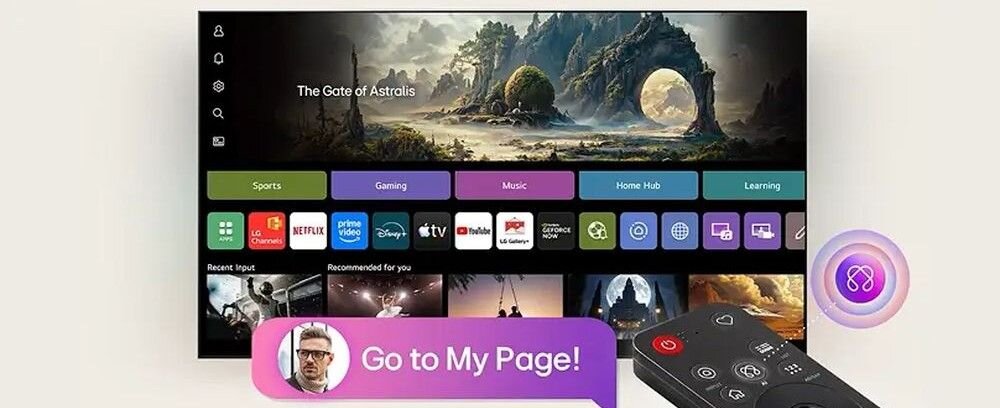 LG 55MRGB86B6A My Page sterowanie głosowe pogoda kalendarz sport, telewizor od frontu na jasnym tle