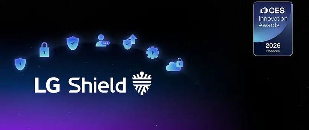 LG 55MRGB86B6A LG Shield bezpieczeństwo danych szyfrowanie kontrola dostępu, logo lg shield na ciemnym tle