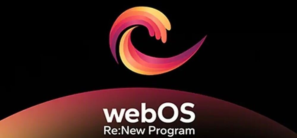 LG 55MRGB86B6A webOS Re New 5 lat aktualizacji system webOS, logo web os na ciemnym tle