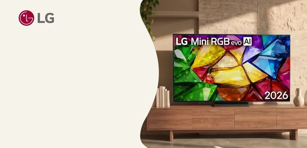 LG 65MRGB86B6A telewizor 75 cali 4K AI obraz RGB Primary Color Pro Mini RGB evo 100% DCI-P3 Adobe RGB, telewizor stojący na komodzie w pomieszczeniu