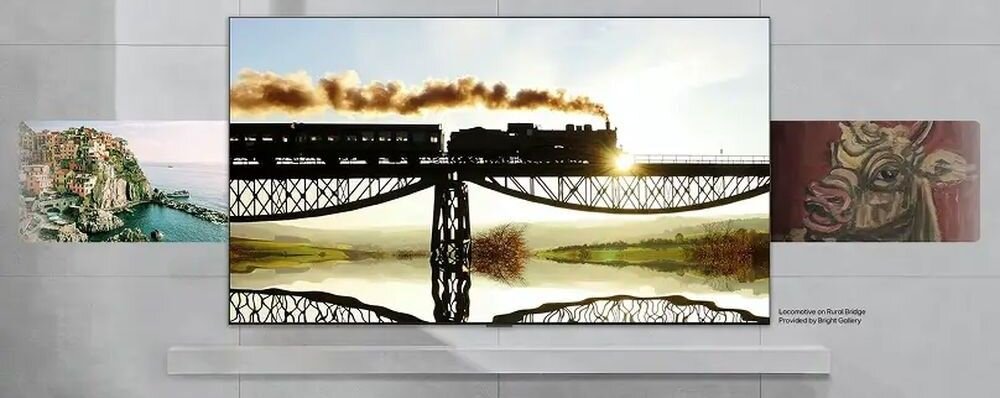 LG 75MRGB86B6A LG Gallery+ 100 dzieł sztuki ambient wideo dekoracja ekranu, telewizor zawieszony na ścianie w pomieszczeniu