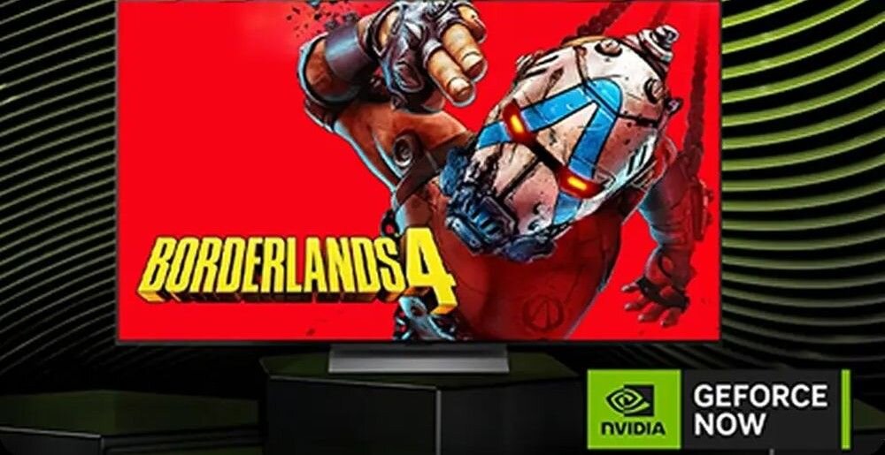LG 75MRGB86B6A NVIDIA GeForce NOW 4K 120 Hz HDR cloud gaming, telewizor od frontu na ciemnym tle