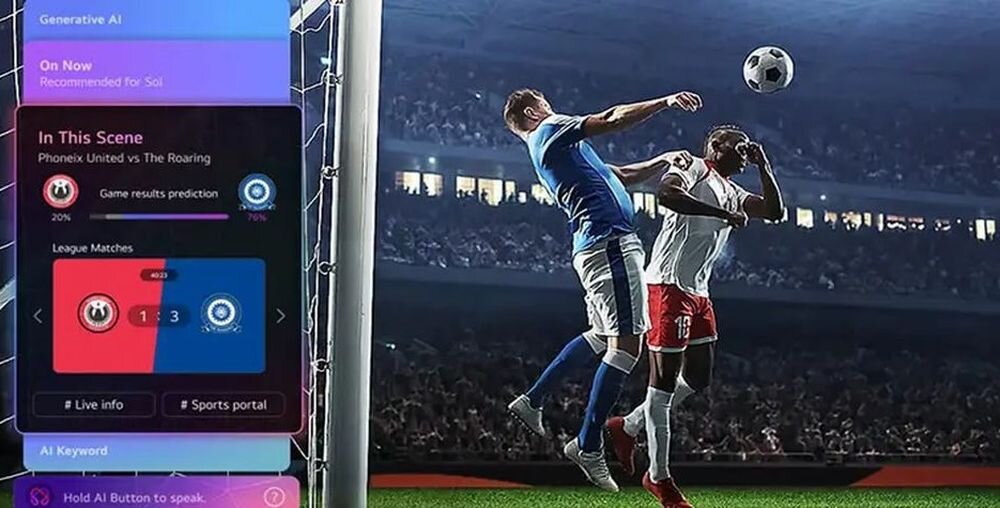 LG 75MRGB86B6A AI Concierge prognozy sportowe analiza meczów statystyki, osoby gające w piłkę na stadionie