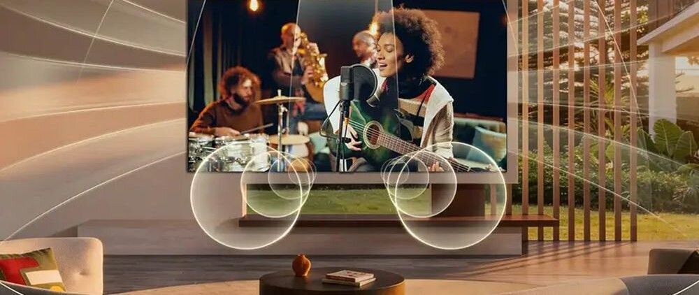 LG 75MRGB86B6A Virtual 11.1.2 Ch dźwięk przestrzenny AI Sound 3D audio, telewizor zawieszony na ścianie w pomieszczeniu