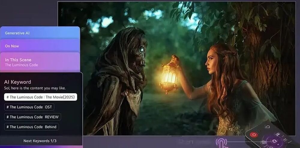 Na ekranie telewizora widać scenę z filmu, gdzie postać trzymająca lampion stoi naprzeciw postaci w kapturze. Po lewej stronie ekranu widoczne są opcje menu z tekstem: \'Generative AI\', \'On Now\', \'In This Scene The Luminous Code\', oraz lista \'AI Keyword\' z tytułami: \'The Luminous Code: The Movie (2025)\', \'The Luminous Code OST\', \'The Luminous Code REVIEW\', \'The Luminous Code Behind\'.
