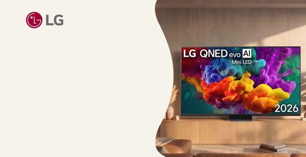 Na obrazie widać telewizor z kolorowym wyświetlaczem, na którym widnieje napis \'LG QNED evo AI Mini LED 2026\'. Obok telewizora znajduje się logo \'LG\'.