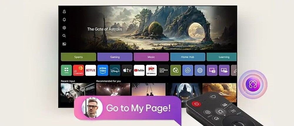 Telewizor wyświetla interfejs z aplikacjami takimi jak Netflix, Prime Video i Apple TV oraz kategoriami jak Sport, Gaming i Muzyka. Na ekranie widoczny jest także krajobraz z napisem \'The Gate of Astrois\'.