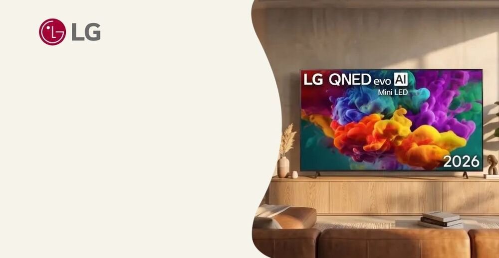 Na obrazie widać telewizor z kolorowym wyświetlaczem, na którym widnieje napis \'LG QNED evo AI Mini LED 2026\'. Obok telewizora znajduje się logo \'LG\'.