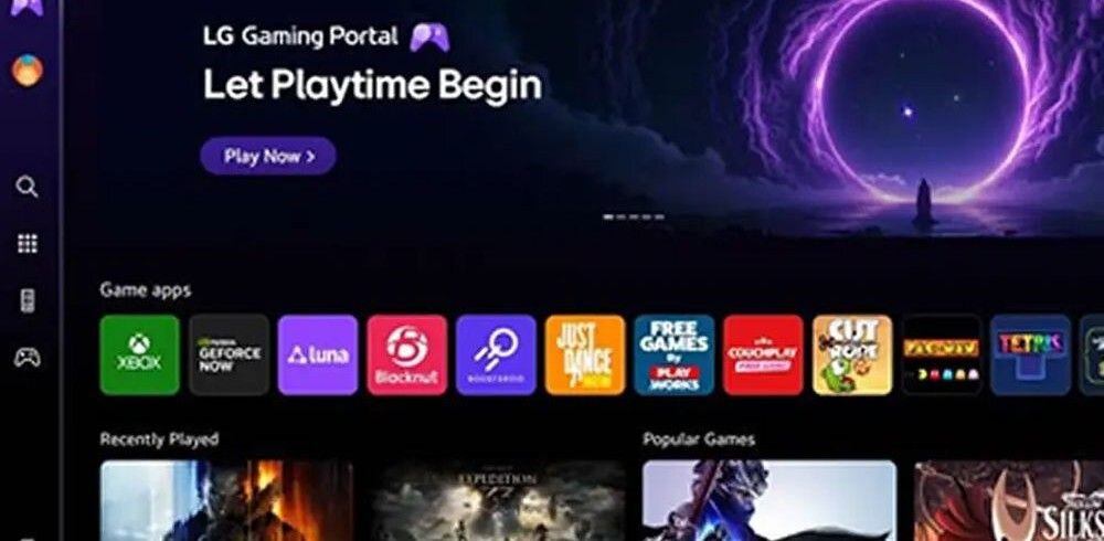 Interfejs LG Gaming Portal z napisem \'Let Playtime Begin\' i przyciskiem \'Play Now\'. Widoczne są ikony aplikacji do gier, takie jak Xbox, GeForce Now, Luna, Blacknut, oraz lista ostatnio granych i popularnych gier.
