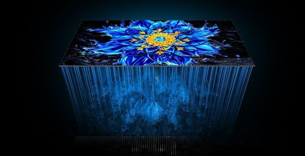 Telewizor TCL 85P8L QD-Mini LED QLED OLED kontrast precyzyjne podświetlenie kino domowe, rozwarstwienie matrycy na ciemnym tle
