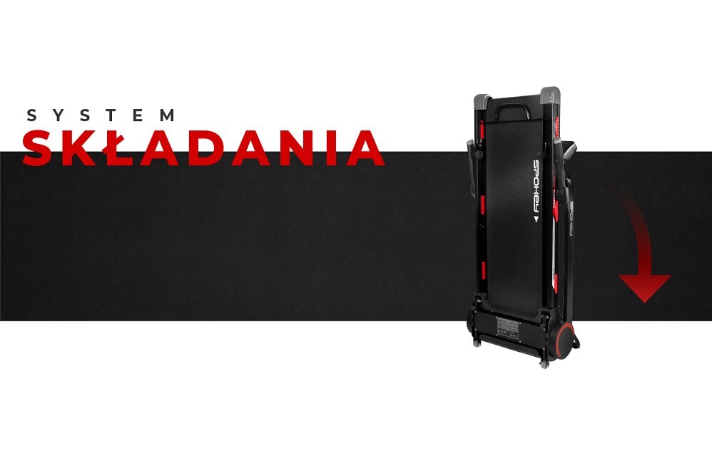 Obraz przedstawia złożoną bieżnię elektryczną z widocznym logo SPOKEY. Na górze znajduje się tekst \'SYSTEM SKŁADANIA\'.
