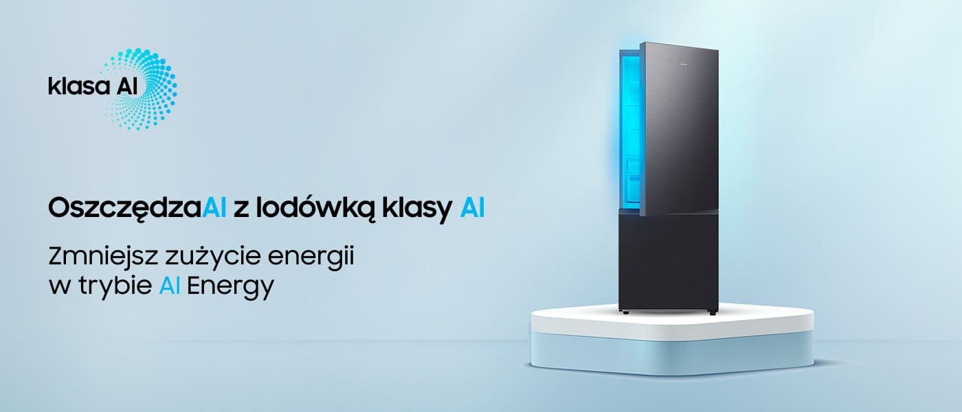 Grafika przedstawia lodówkę z niebieskim podświetleniem na białym podeście. Tekst na obrazie: \'klasa AI Oszczędzaj z lodówką klasy AI Zmniejsz zużycie energii w trybie AI Energy\'.