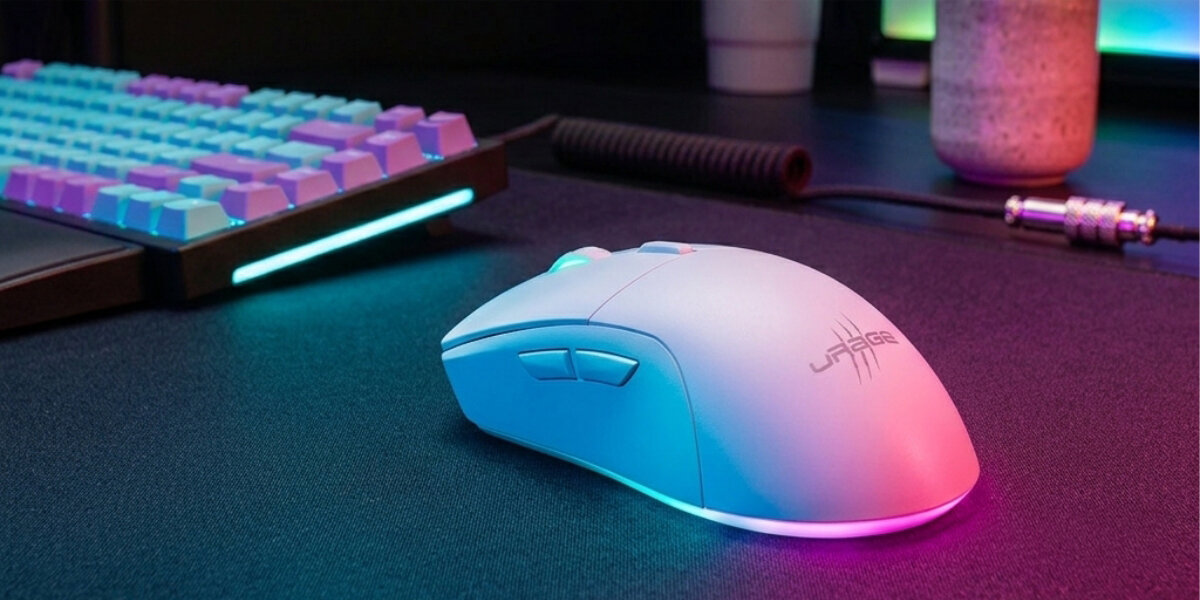 Na ciemnym biurku znajduje się biała mysz komputerowa z podświetleniem RGB i logo \'uRage\'. W tle widoczna jest klawiatura z podświetleniem oraz przewód z wtyczką.
