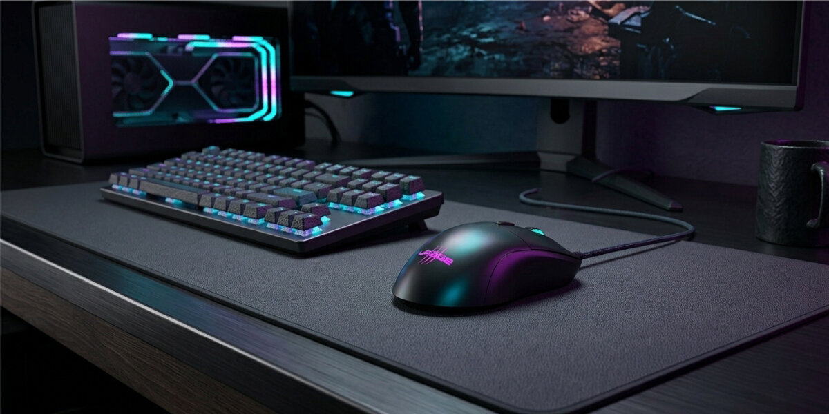 Na biurku znajduje się czarna mysz komputerowa z podświetleniem, obok klawiatura i monitor. W tle widoczna jest obudowa komputera z podświetleniem RGB.