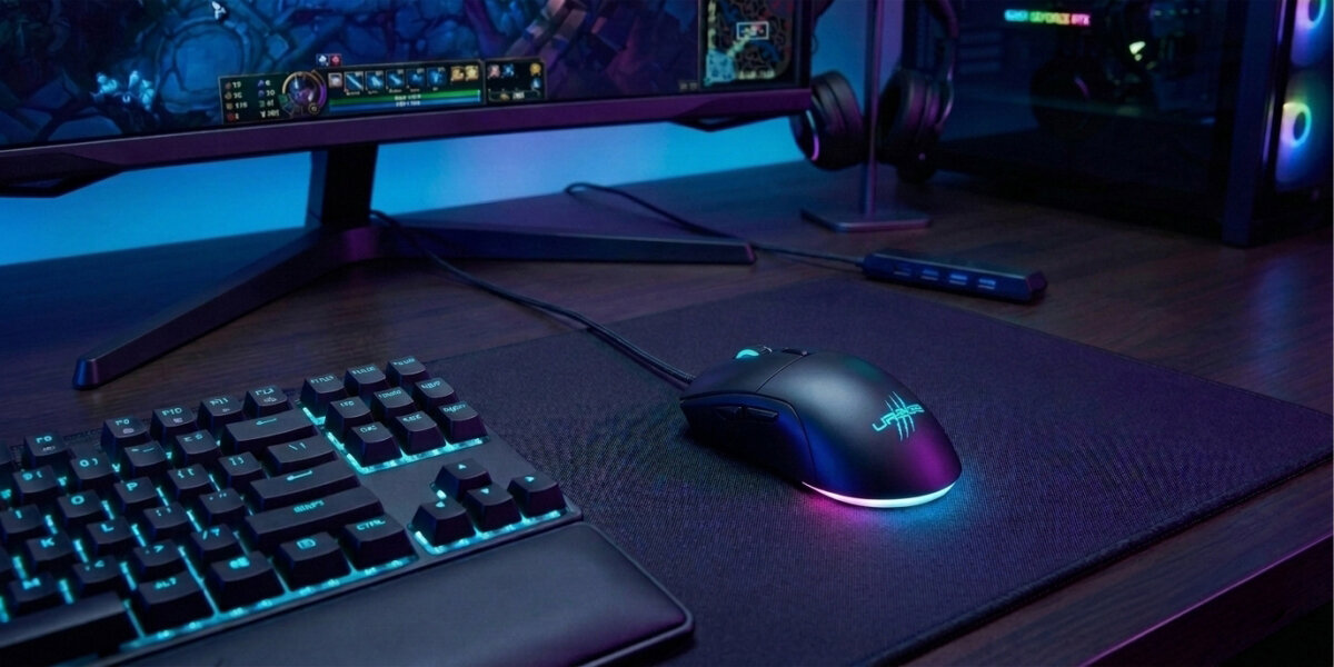 Na biurku znajduje się czarna mysz komputerowa z podświetleniem RGB, obok klawiatury i monitora z grą. W tle widoczne są słuchawki i komputer stacjonarny z podświetleniem.