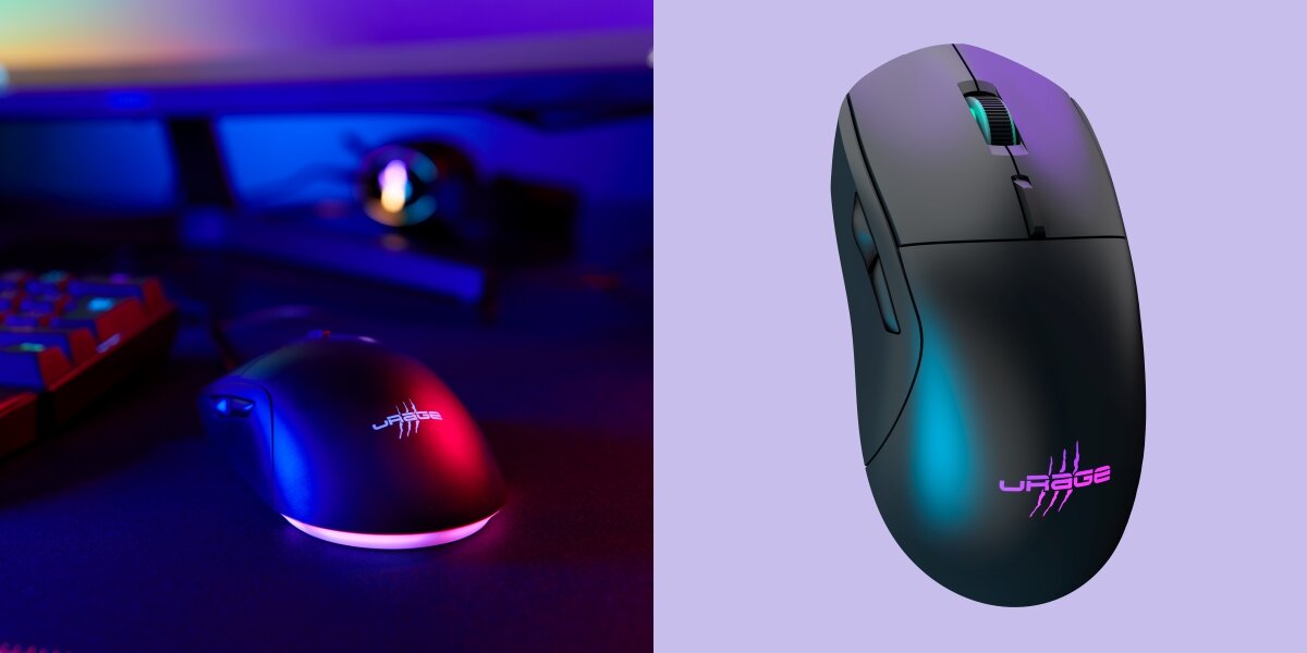 Na obrazie widoczna jest czarna mysz komputerowa z podświetleniem LED, z logo \'uRage\' na powierzchni. Mysz znajduje się na biurku obok klawiatury, w otoczeniu kolorowego oświetlenia.